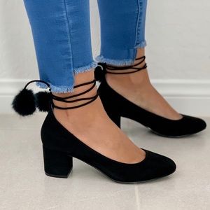 Black Ankle Wrap Flirty Pom Pom Mary Jane Pumps
